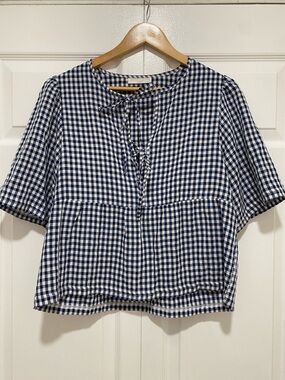 Women's Navy and White Gingham Tie-Front Top